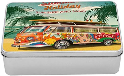 Ambesonne Vintage Palmiye Metal Kutu, Yaz Tatili Güneş Sörfü ve Kum Kaligrafisi ve Sahilde bir Kalça Otobüsü, Kapaklı Çok