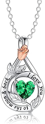 Kadınlar için gümüş Birthstone Kolye: Gözyaşı Gül Çiçek Kolye Kolye Seni Seviyorum Ay ve Arka Tema Yıldönümü veya Doğum Günü