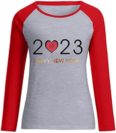 Mutlu Yeni Yıl 2023 Üst Kadınlar için Sevimli Tatil T Shirt Kalp Baskı Uzun Kollu Gömlek Moda Tunik Kazak Kazak