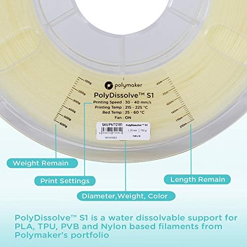 Polymaker PVA Filament 1.75 mm Suda Çözünür Filament 750g Makara - PolyDissolve S1 Destek Malzemesi PLA 3D Yazıcı için Filament
