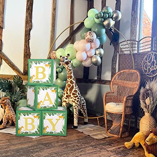 Safari Bebek Duş Süslemeleri Kutusu-Yeşil Orman Hayvan Bebek Kutuları ile Altın Harfler, parti Kutuları Blok Safari Orman
