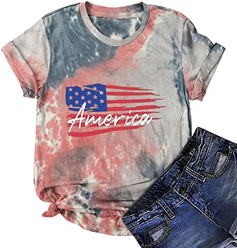 lcepcy Yaz Batik Baskı T Shirt Kadınlar için Amerikan Bayrağı Baskılı Bluzlar Moda Bayanlar Bağımsızlık Günü Gömlek