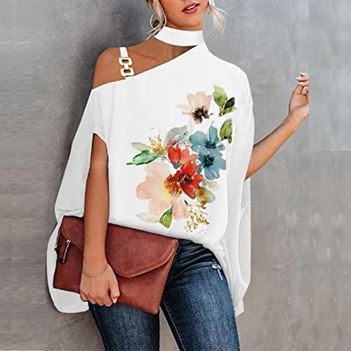 Kadınlar için yaz Üstleri Şık Yarım Batwing Kollu Metal Kayış Kapalı Omuz Bluz Çiçek Baskılı Gevşek Casual Gömlek
