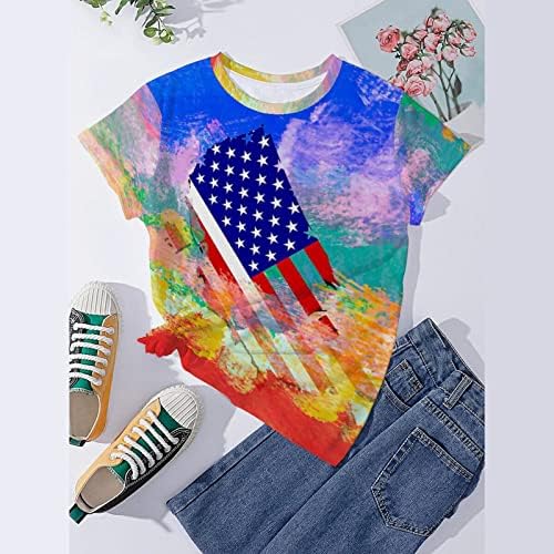 4th Temmuz T Shirt Kadınlar için Yaz Kısa Kollu O Boyun Tee Gömlek Amerikan Bayrağı Çizgili Kravat Boya Tee Gömlek