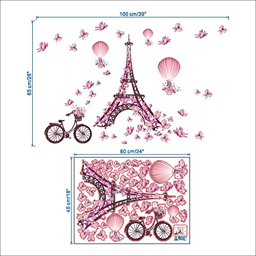 Wallpark Romantik Pembe Kelebek Paris Eyfel Kulesi Çiçek Sıcak Hava Balonu Çıkarılabilir Duvar Sticker Çıkartması, Çocuk