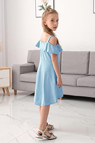 GORLYA kızın soğuk omuz fırfır Trim zarif rahat resmi elbise 4-14T çocuklar için cepli