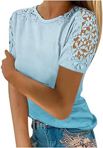 Kadın yazlık t-Shirt 2023 Rahat Baskı Yuvarlak Boyun dantel kesik dekolte Kısa Kollu Kazak Zayıflama Bluz Tops